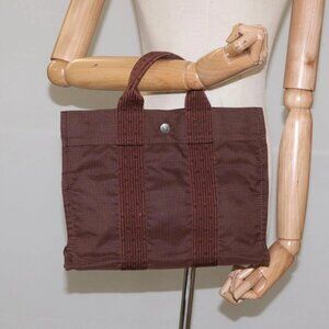 HERMES Her Line PM Tote Bag Canvas Brown Silver Auth 96726
